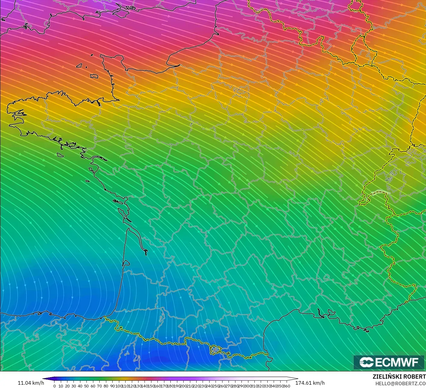 ECMWF IFS 0.25° modelo - Francia, Viento a 300 hPa (corriente en chorro)