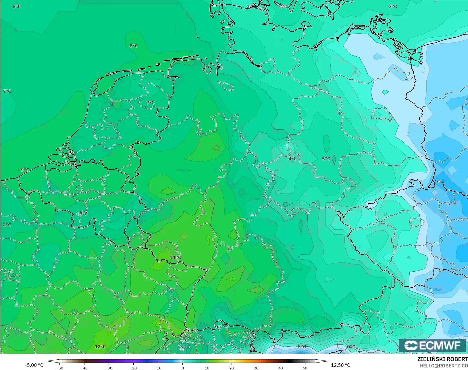ECMWF IFS 0.25° modelo - Alemania, Temperatura a 2 m