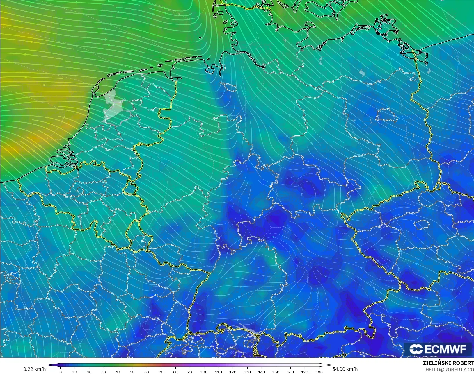 ECMWF IFS 0.25° modelo - Alemania, Viento a 10 m