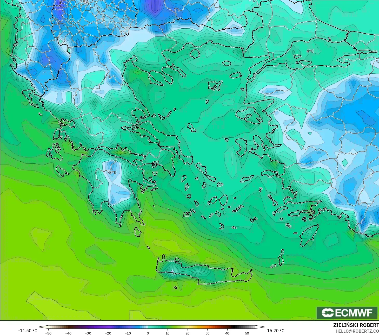 ECMWF IFS 0.25° modelo - Grecia, Punto de rocío a 2 m