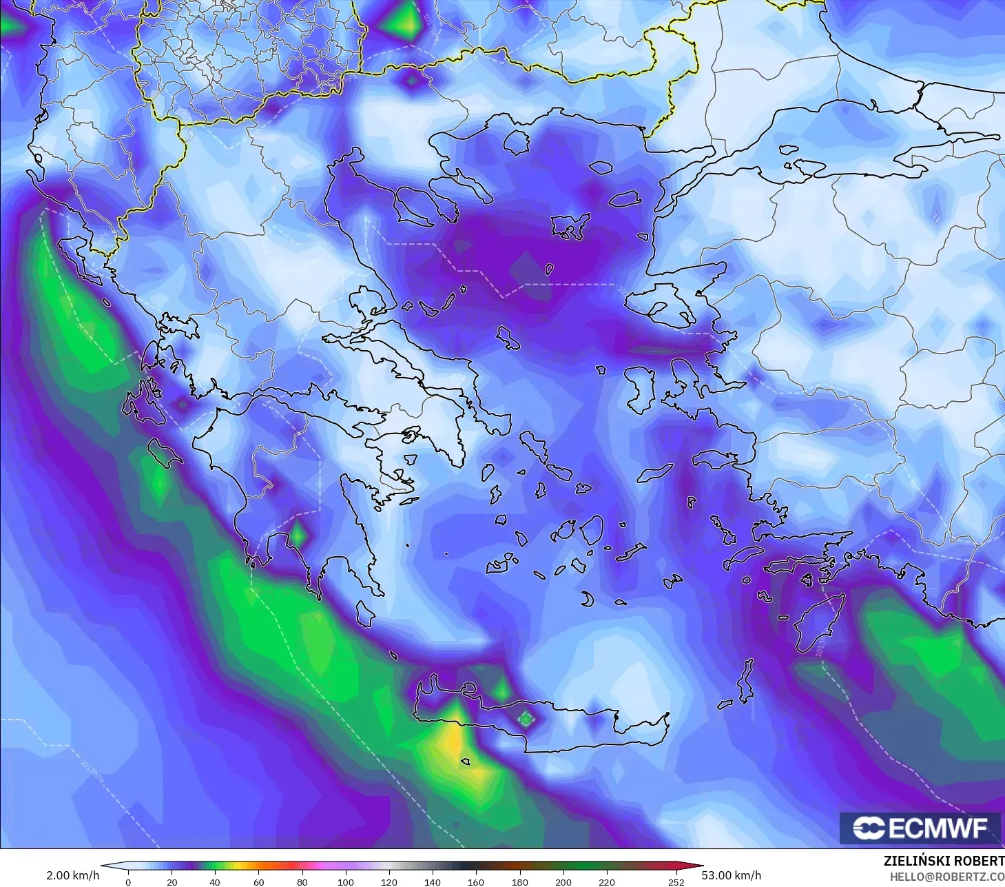 ECMWF IFS 0.25° modelo - Grecia, Ráfagas de Viento Máximas