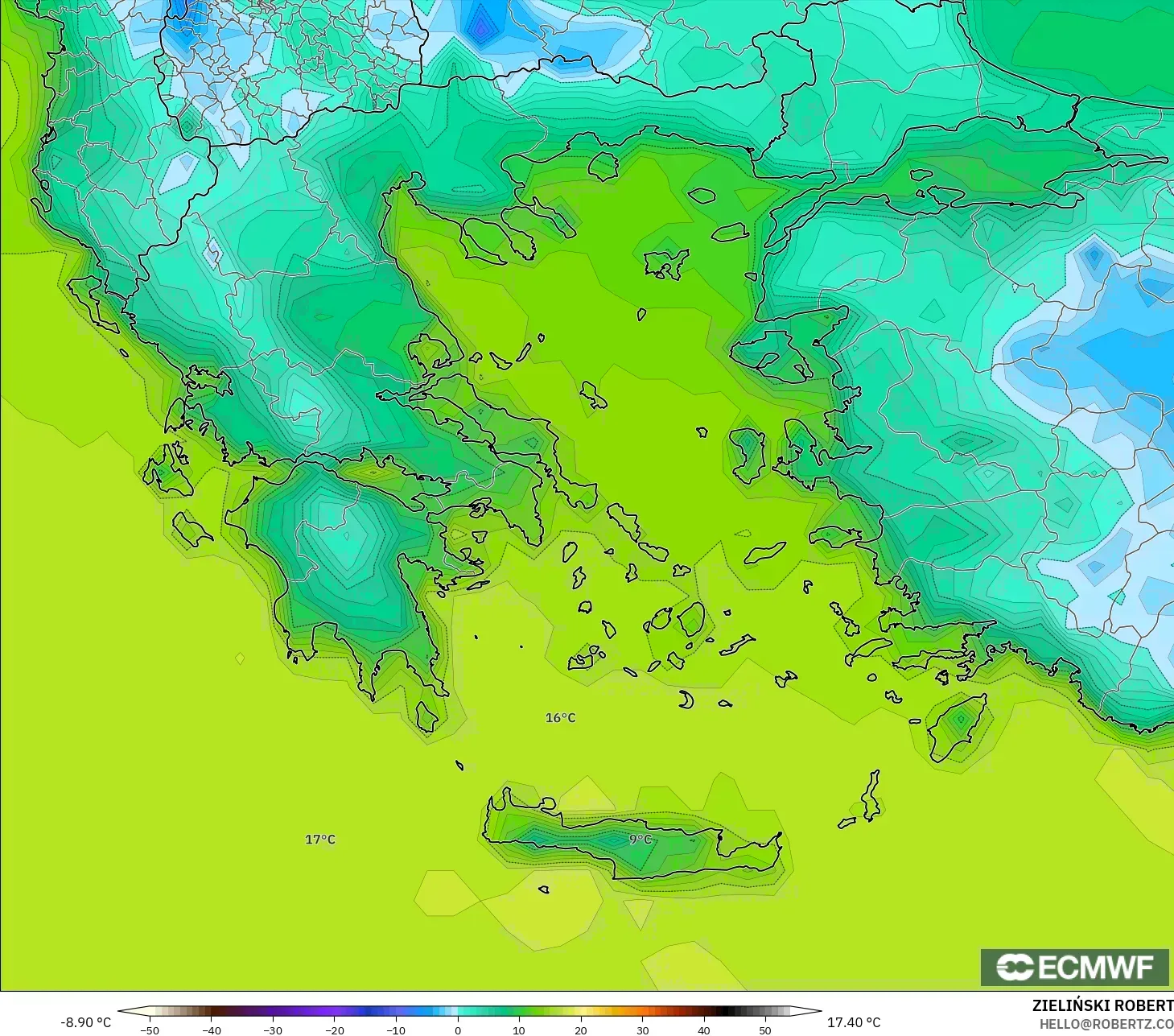 ECMWF IFS 0.25° modelo - Grecia, Temperatura a 2 m