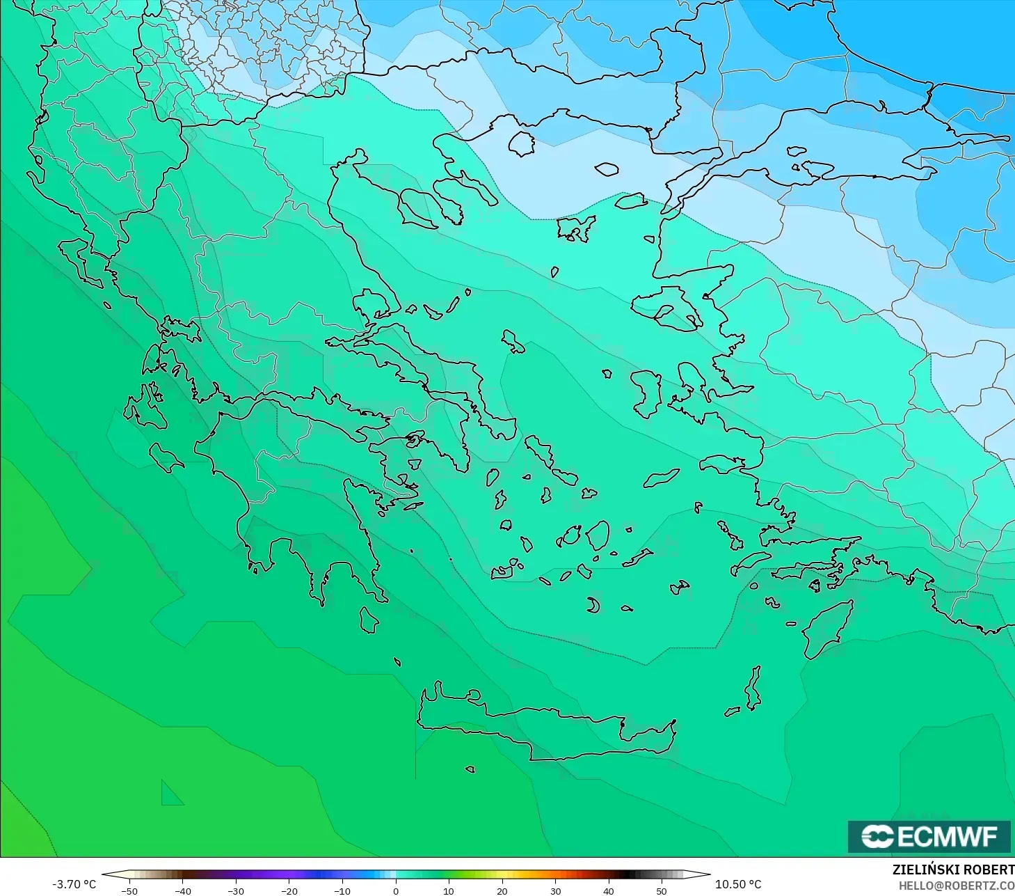 ECMWF IFS 0.25° modelo - Grecia, Temperatura a 850 hPa