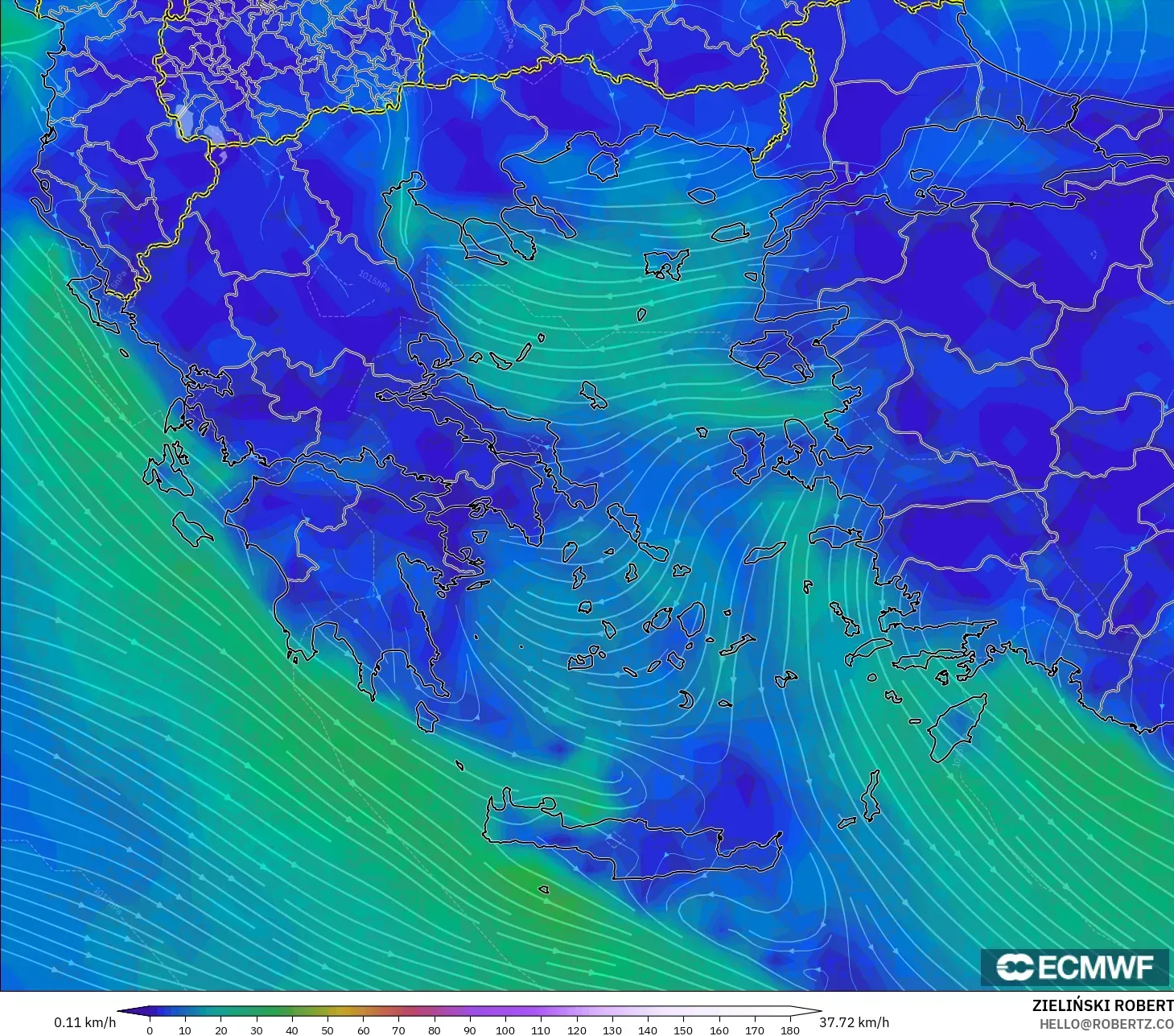 ECMWF IFS 0.25° modelo - Grecia, Viento a 10 m