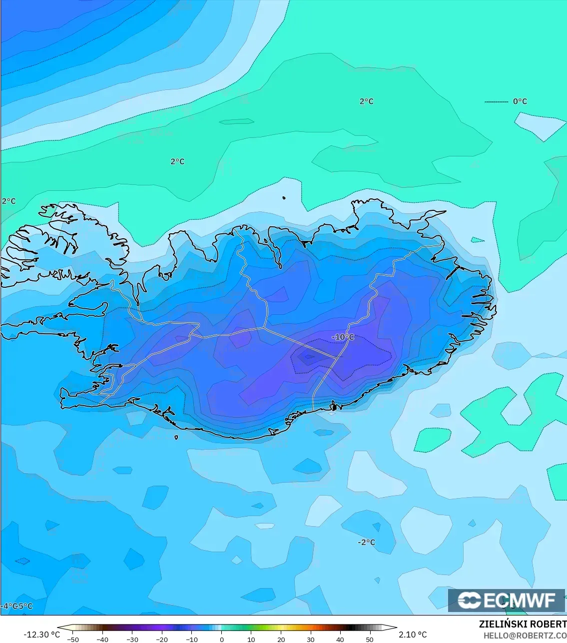 ECMWF IFS 0.25° modelo - Islandia, Punto de rocío a 2 m
