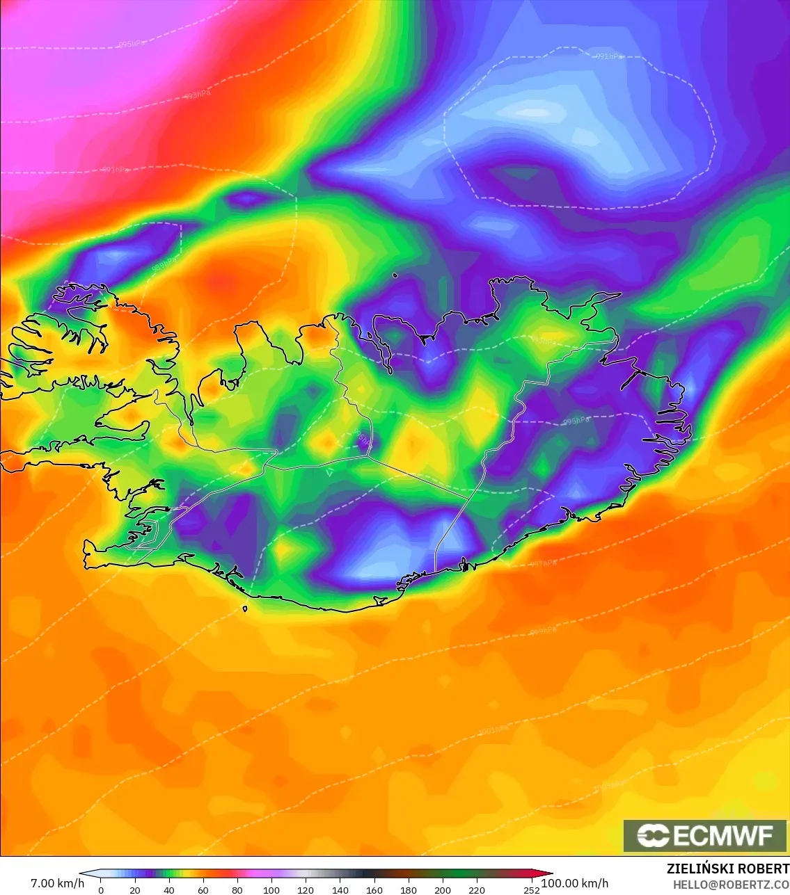 ECMWF IFS 0.25° modelo - Islandia, Ráfagas de viento