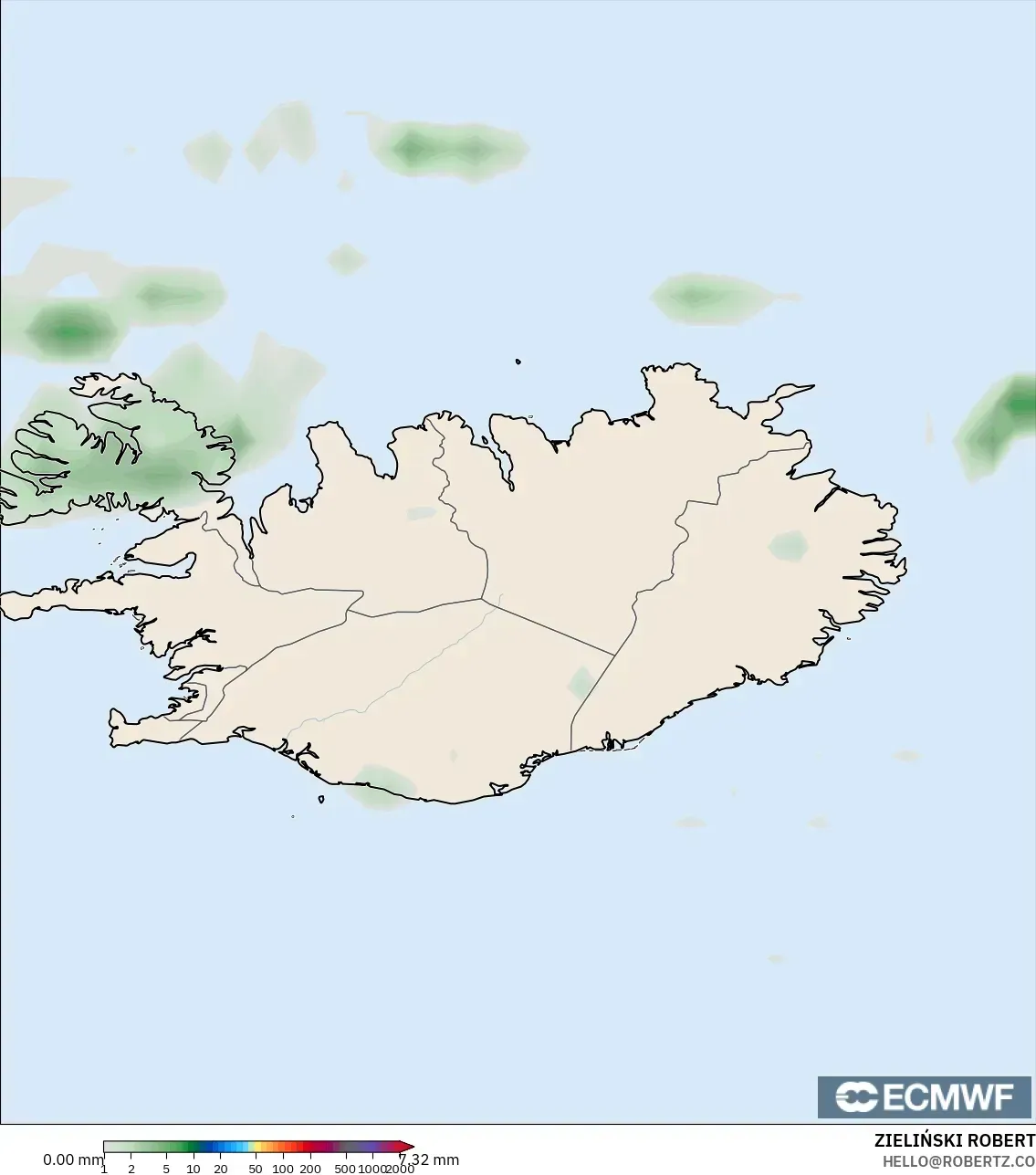 ECMWF IFS 0.25° modelo - Islandia, Acumulación de precipitación