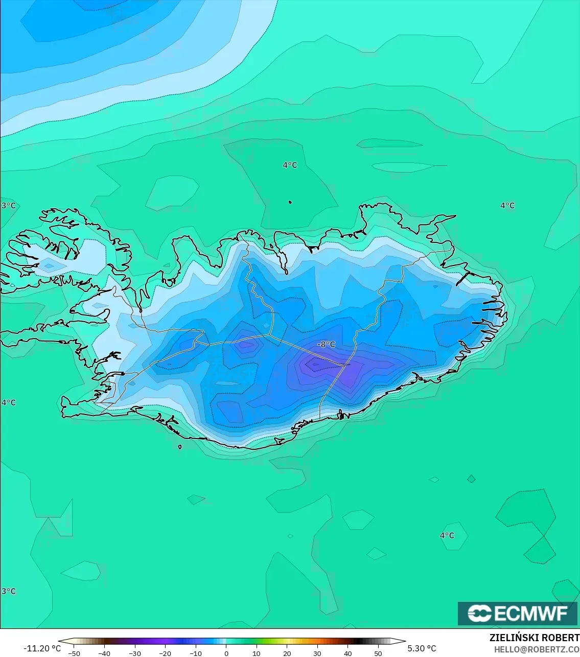 ECMWF IFS 0.25° modelo - Islandia, Temperatura a 2 m
