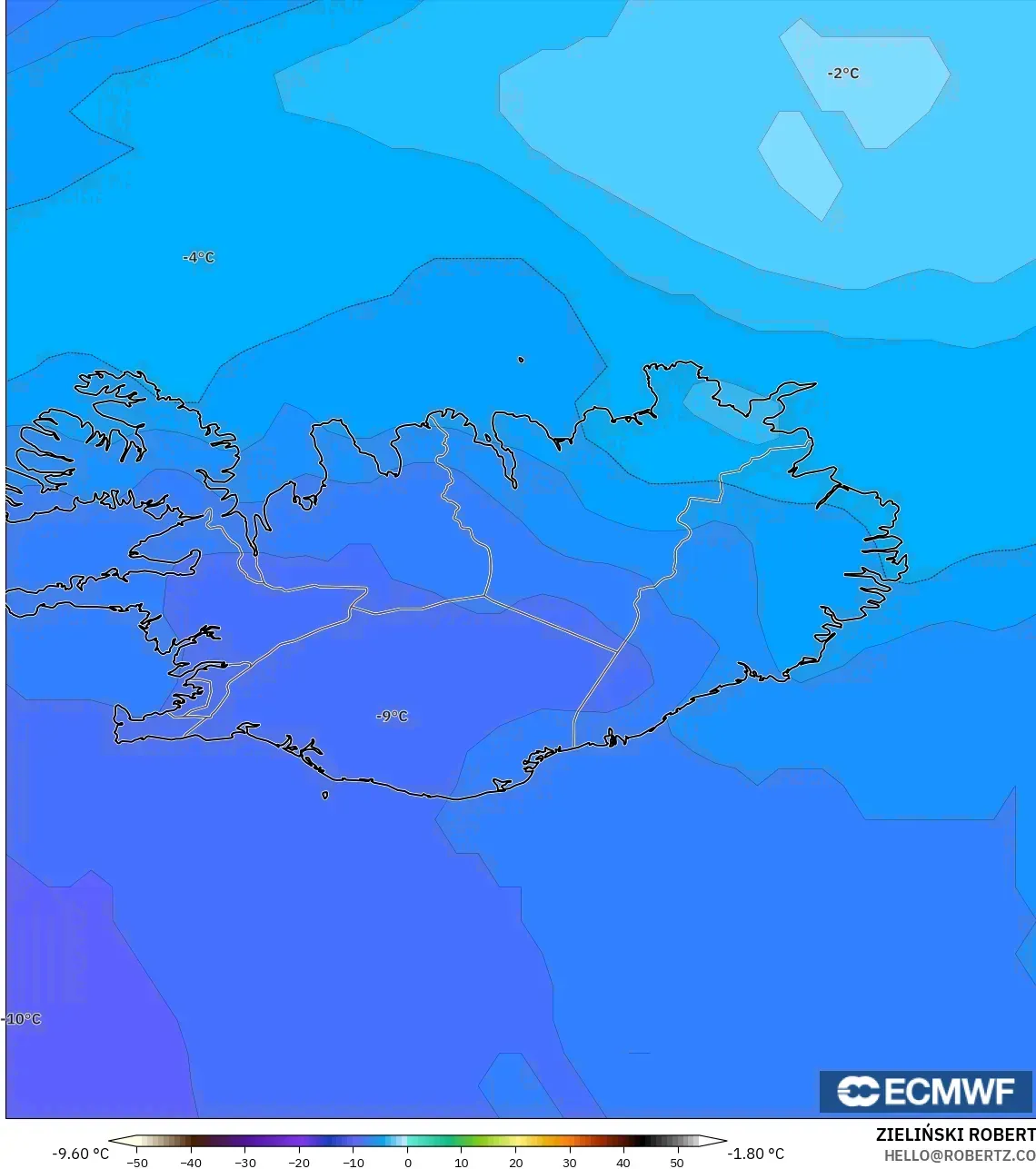 ECMWF IFS 0.25° modelo - Islandia, Temperatura a 850 hPa