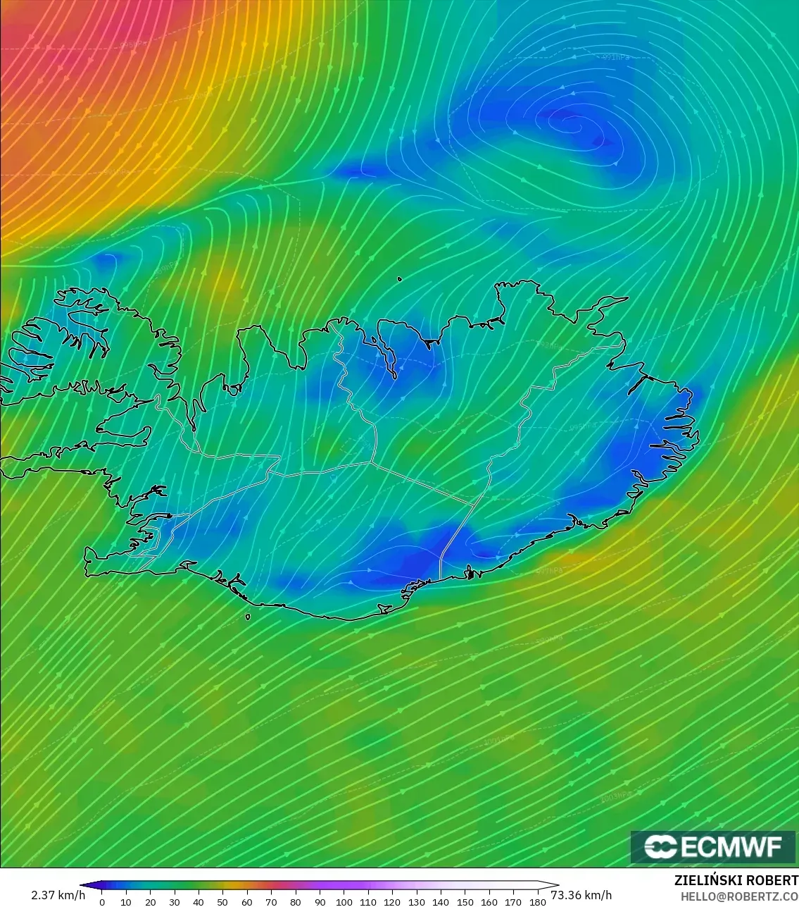 ECMWF IFS 0.25° modelo - Islandia, Viento a 10 m