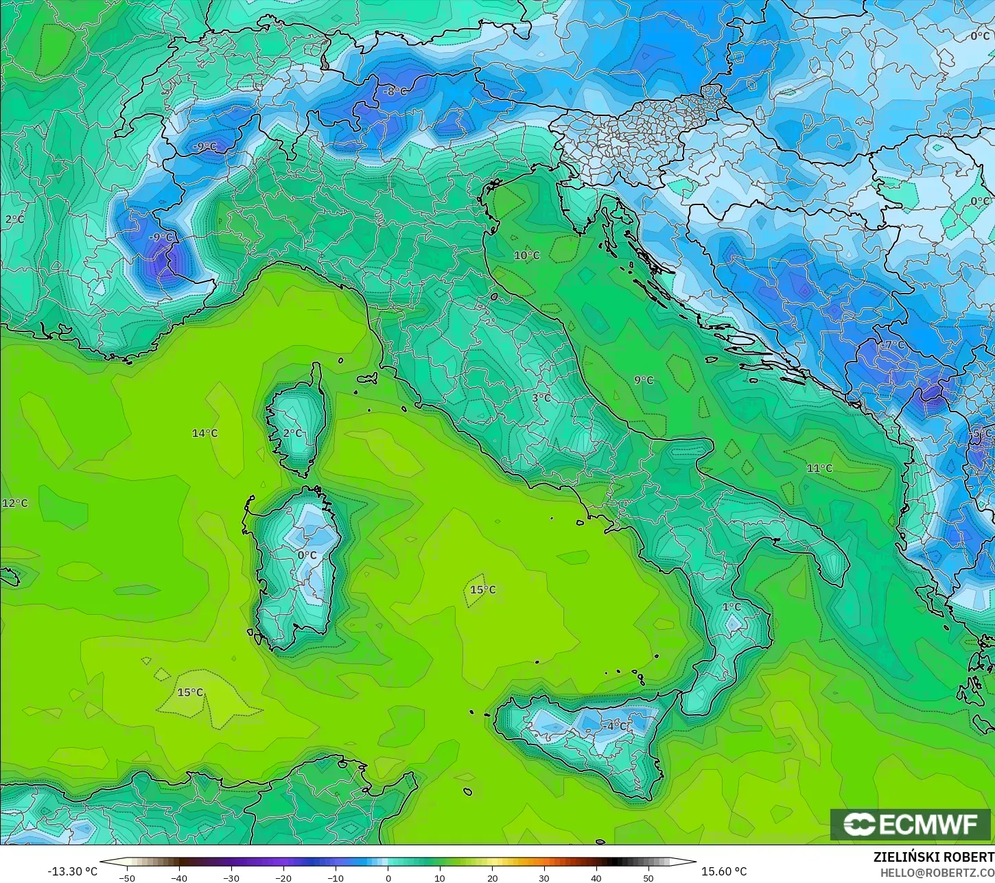 ECMWF IFS 0.25° modelo - Italia, Punto de rocío a 2 m