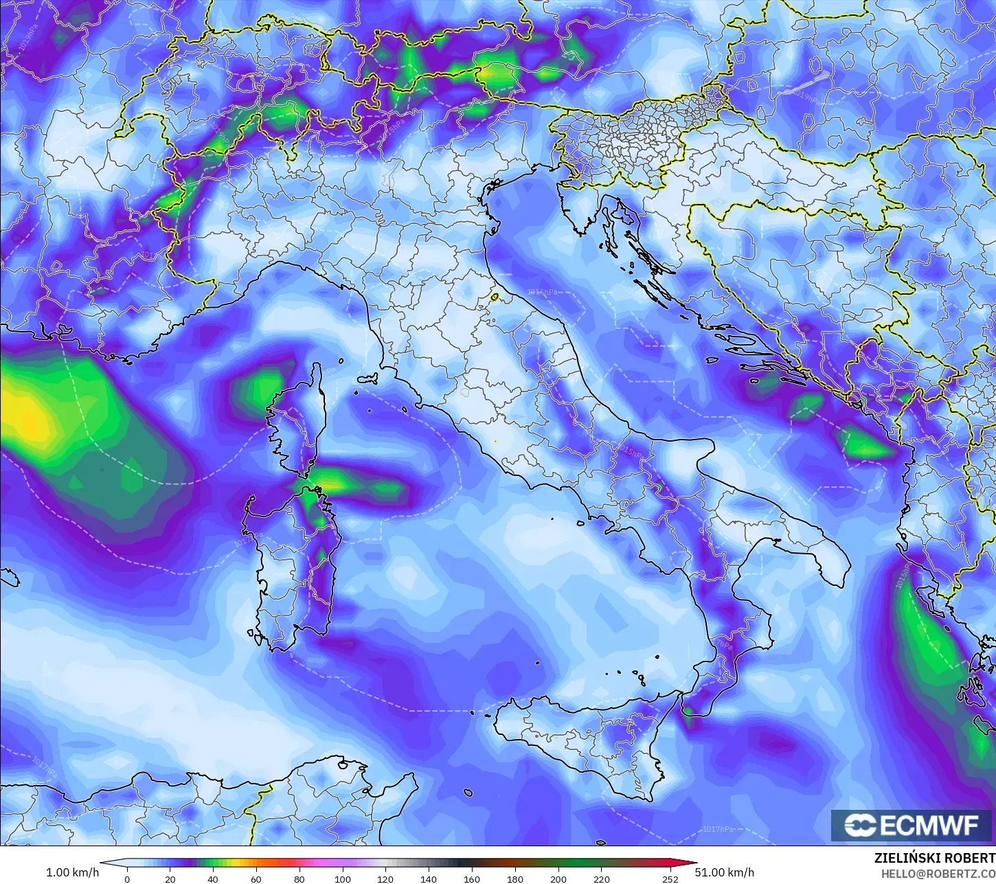 ECMWF IFS 0.25° modelo - Italia, Ráfagas de Viento Máximas