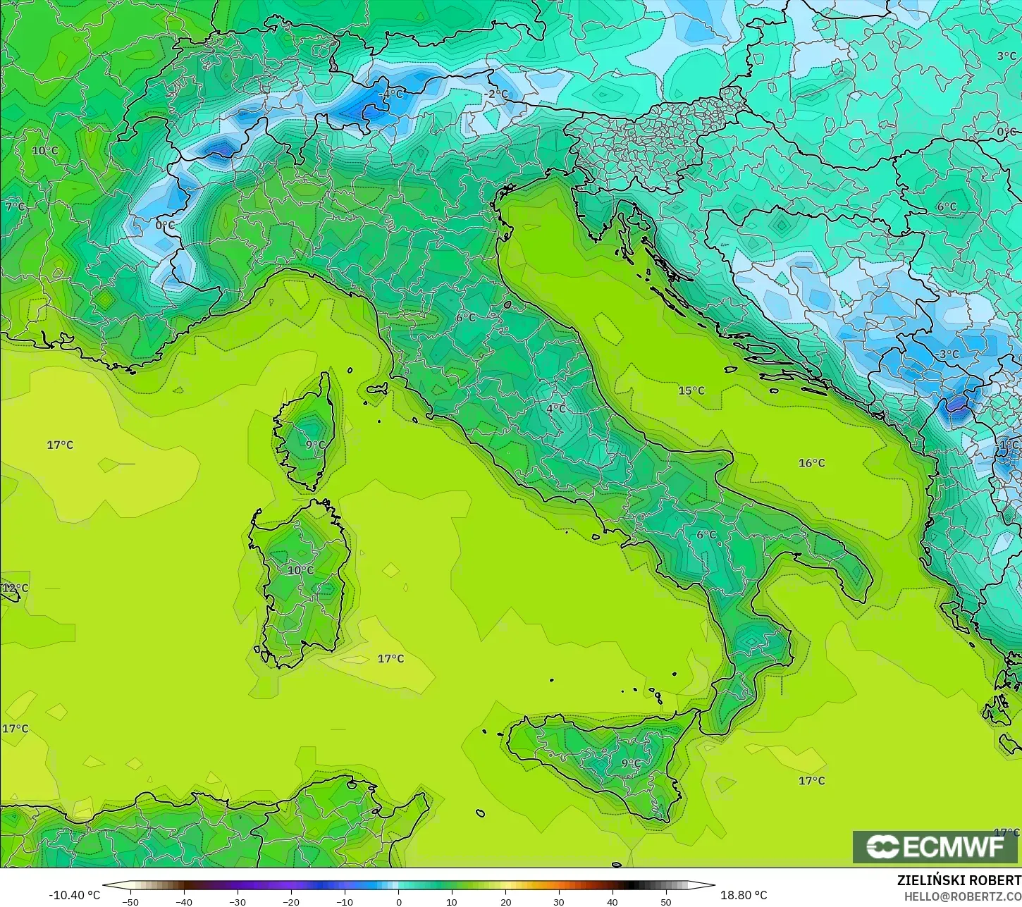 ECMWF IFS 0.25° modelo - Italia, Temperatura a 2 m