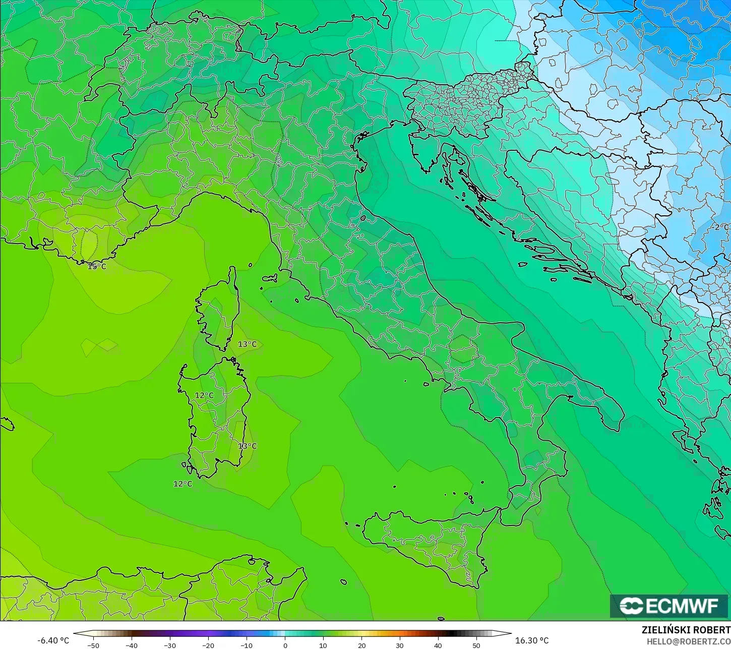 ECMWF IFS 0.25° modelo - Italia, Temperatura a 850 hPa
