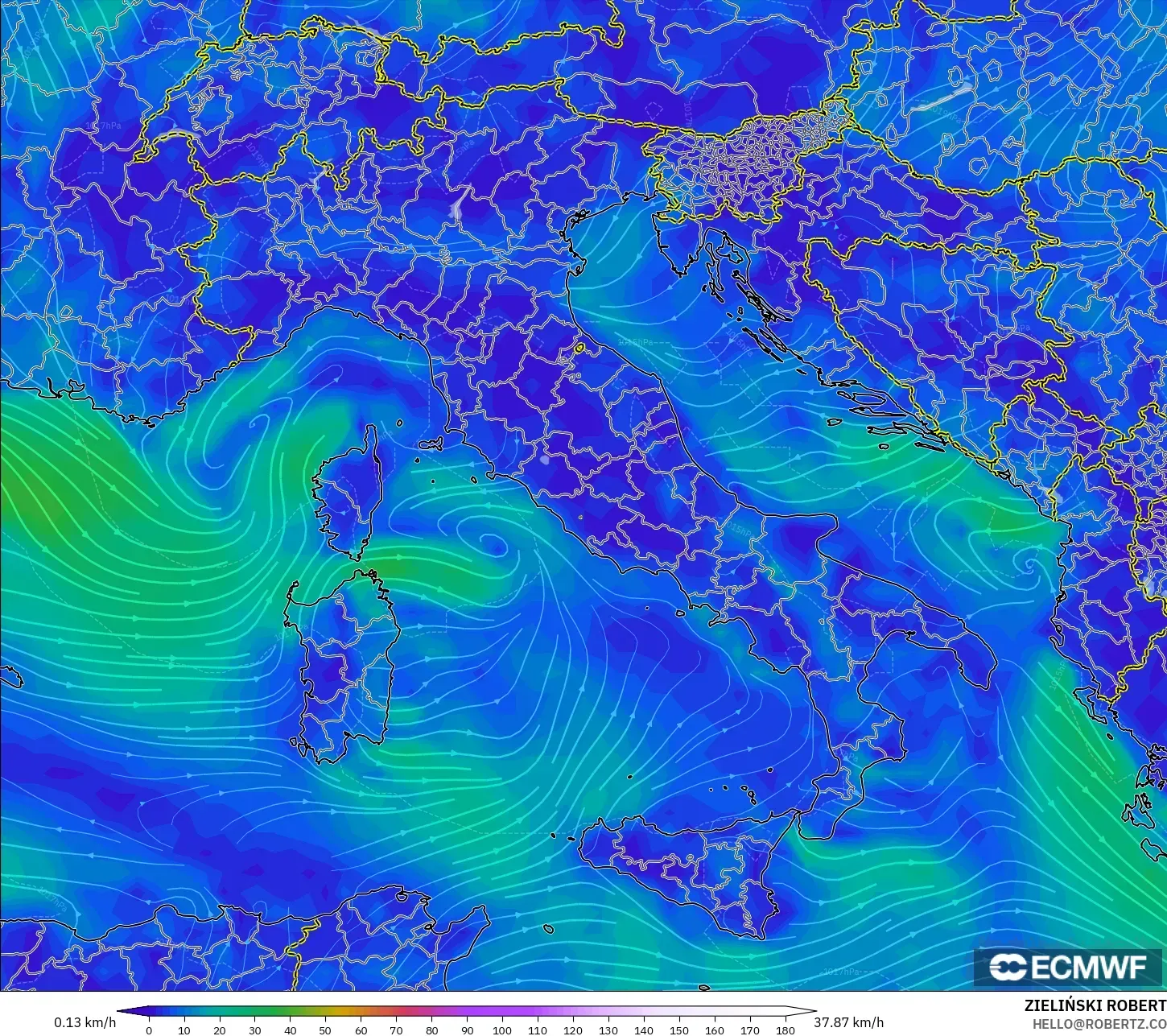 ECMWF IFS 0.25° modelo - Italia, Viento a 10 m