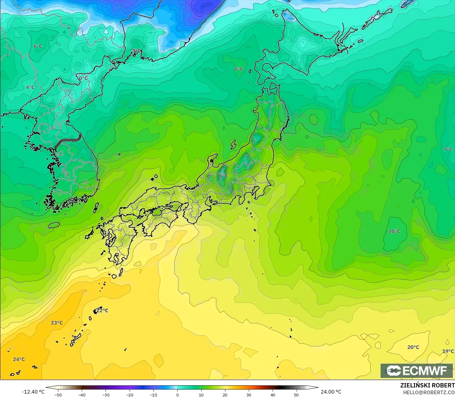 ECMWF IFS 0.25° modelo - Japón, Punto de rocío a 2 m