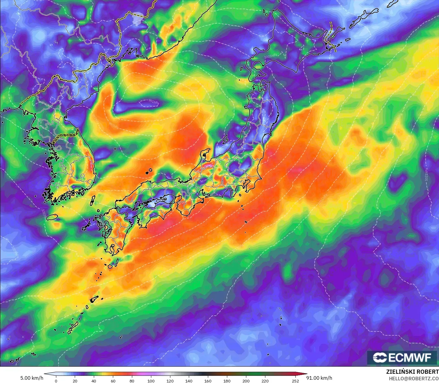 ECMWF IFS 0.25° modelo - Japón, Ráfagas de Viento Máximas