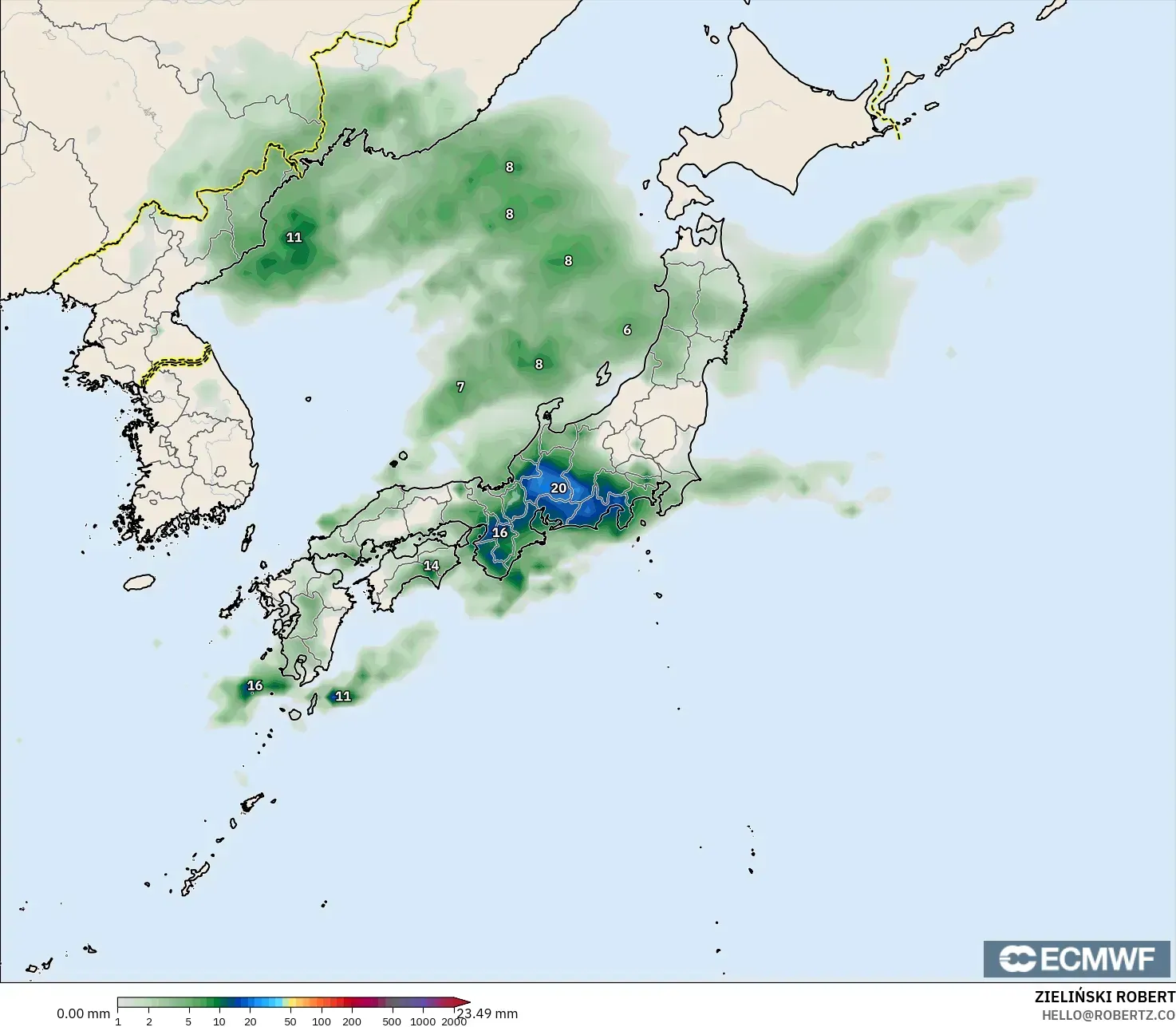 ECMWF IFS 0.25° modelo - Japón, Acumulación de precipitación