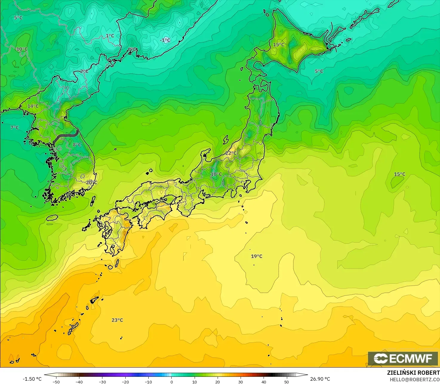 ECMWF IFS 0.25° modelo - Japón, Temperatura a 2 m