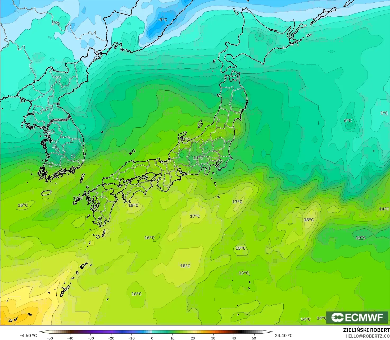 ECMWF IFS 0.25° modelo - Japón, Temperatura a 850 hPa