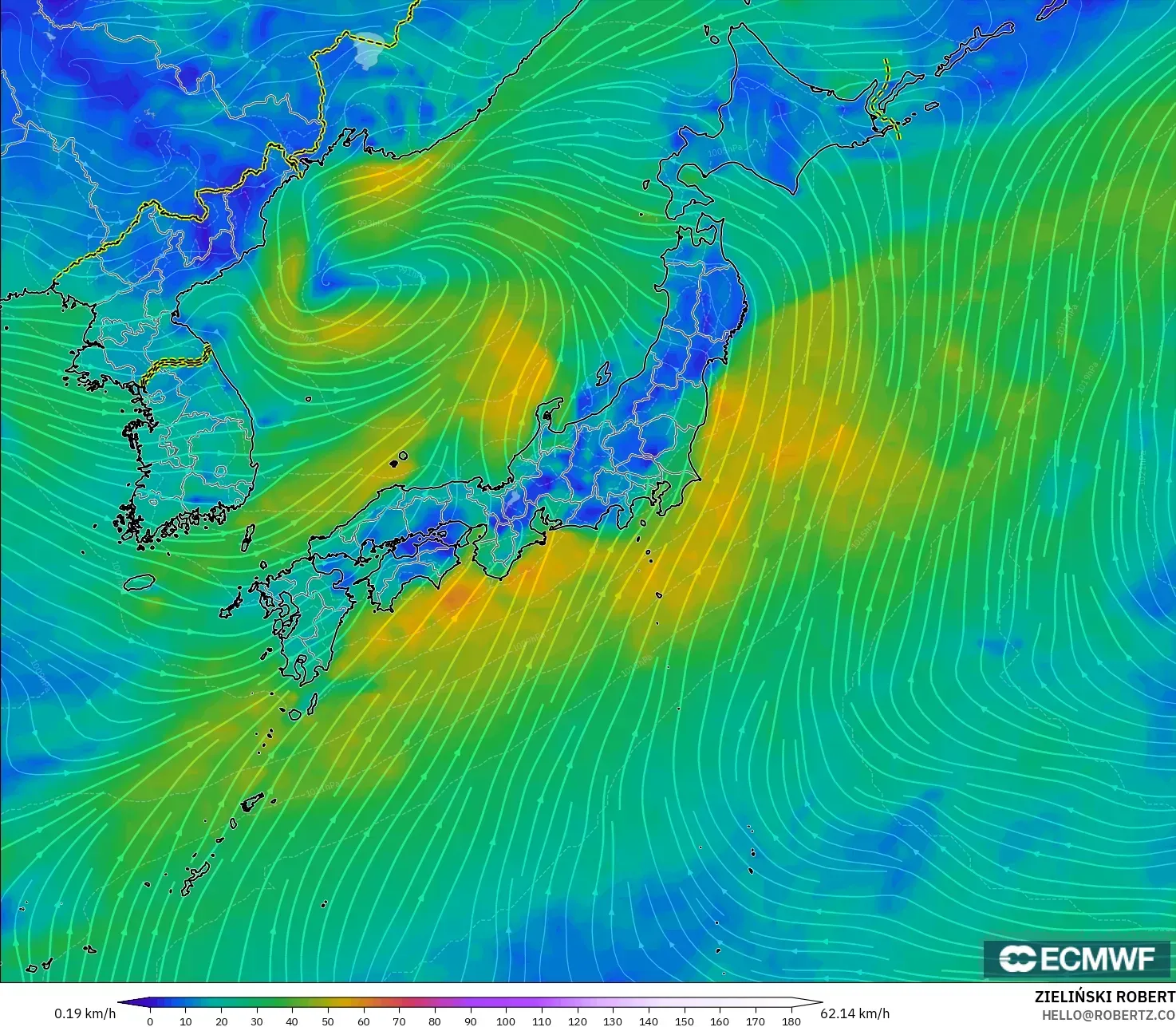 ECMWF IFS 0.25° modelo - Japón, Viento a 10 m