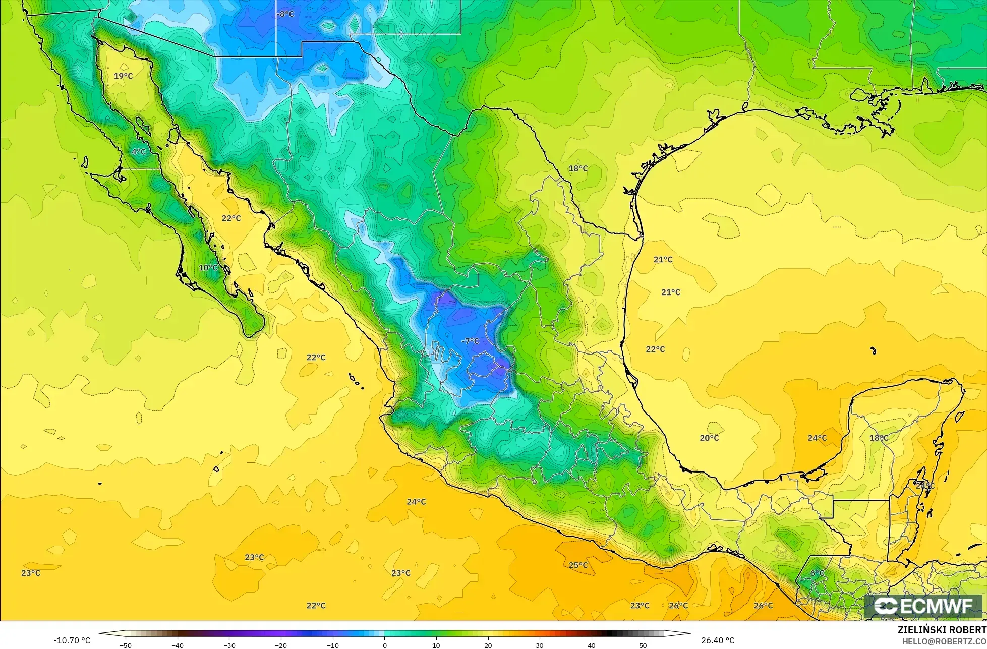 ECMWF IFS 0.25° modelo - México, Punto de rocío a 2 m