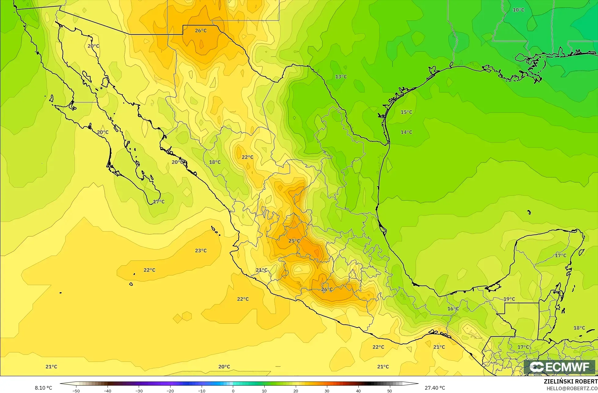 ECMWF IFS 0.25° modelo - México, Temperatura a 850 hPa