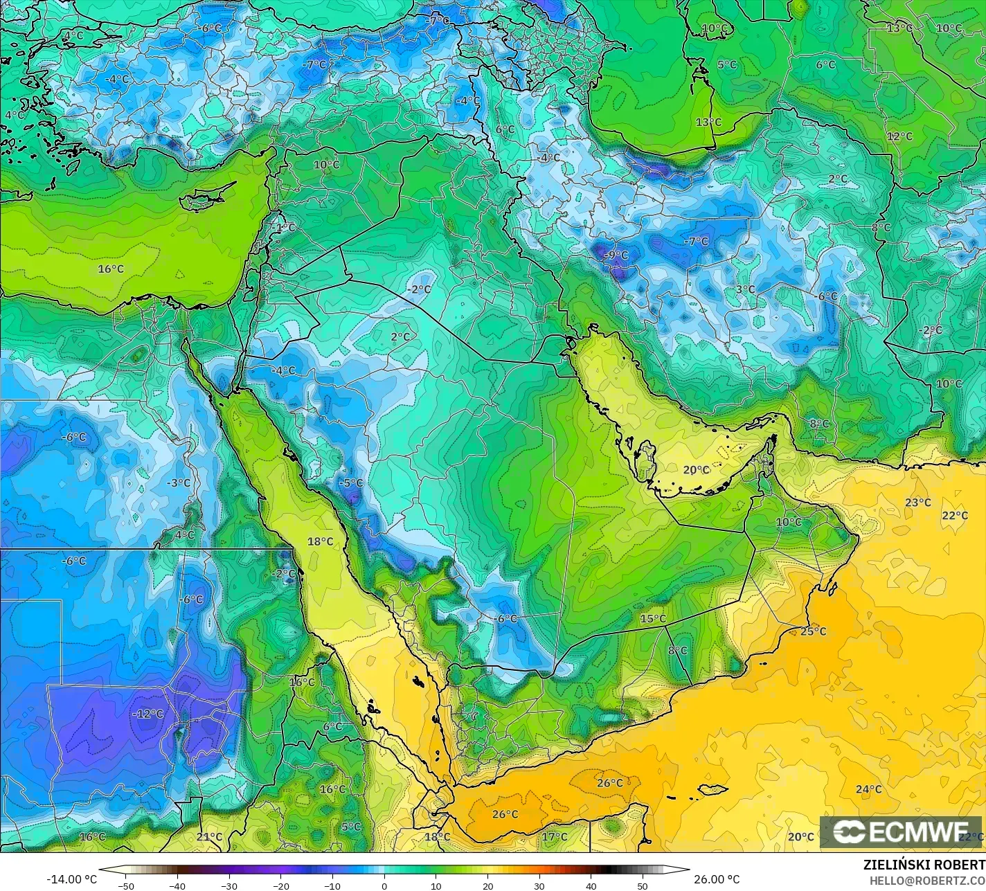 ECMWF IFS 0.25° modelo - Oriente Medio, Punto de rocío a 2 m