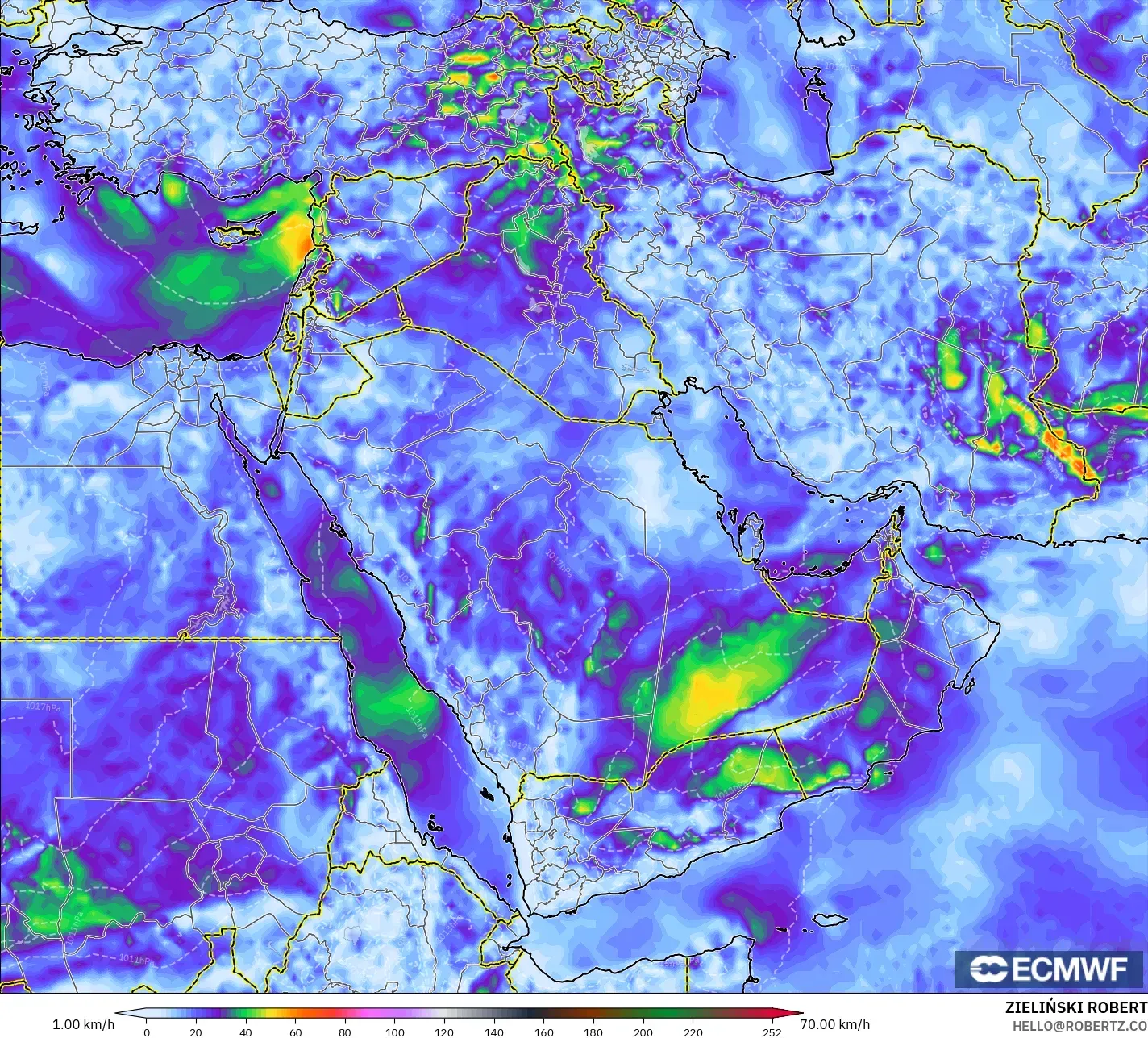 ECMWF IFS 0.25° modelo - Oriente Medio, Ráfagas de Viento Máximas