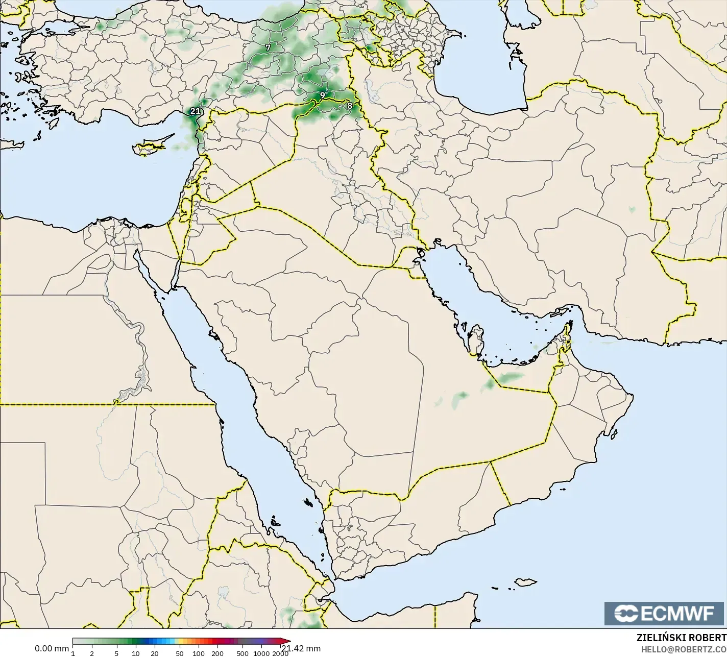 ECMWF IFS 0.25° modelo - Oriente Medio, Acumulación de precipitación