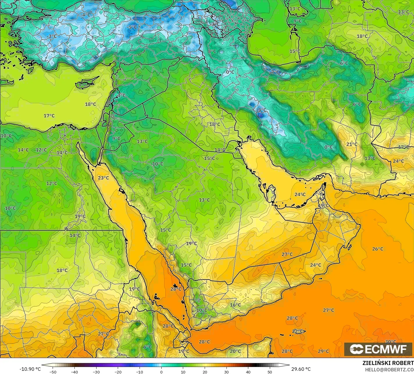 ECMWF IFS 0.25° modelo - Oriente Medio, Temperatura a 2 m