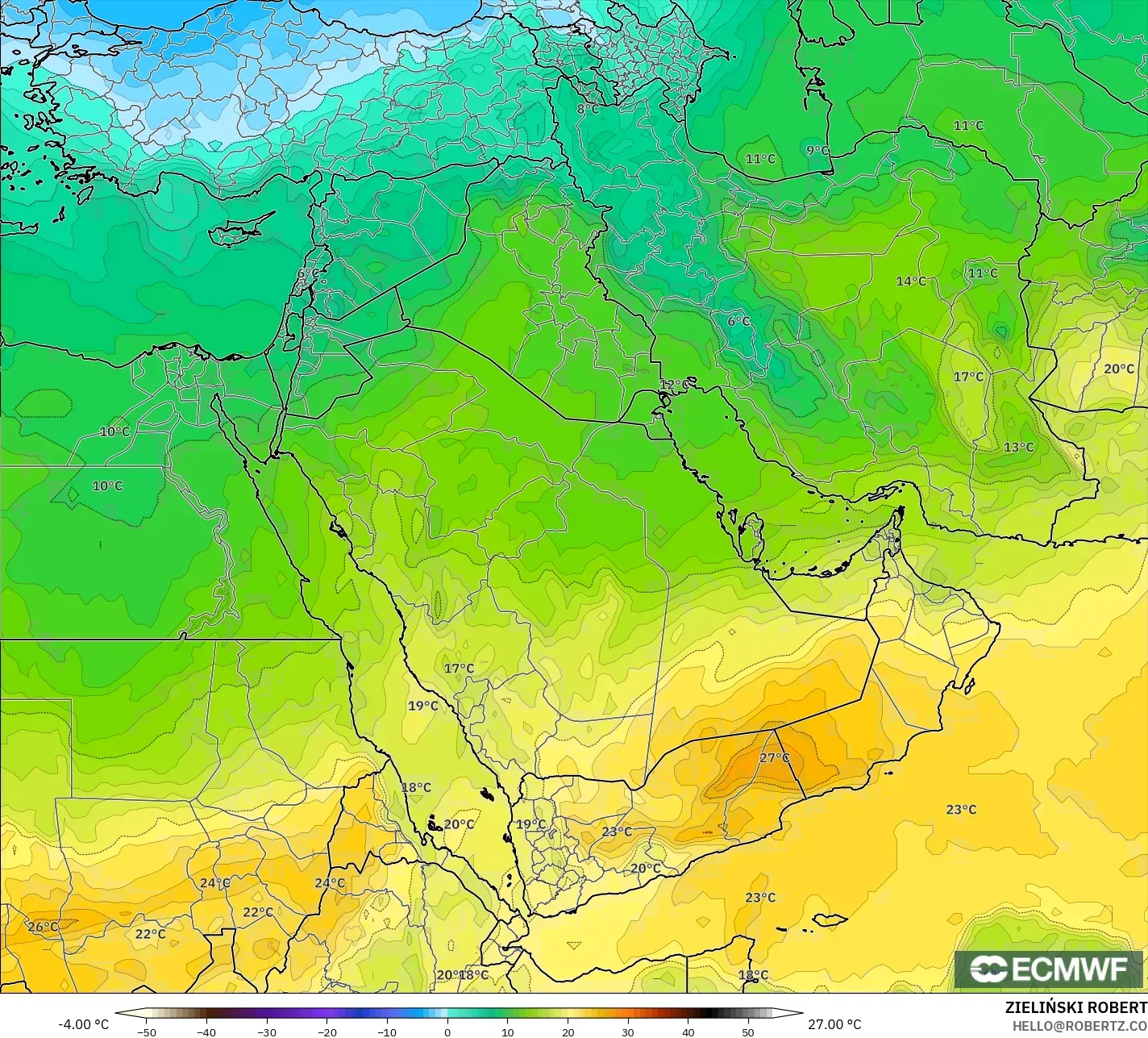 ECMWF IFS 0.25° modelo - Oriente Medio, Temperatura a 850 hPa