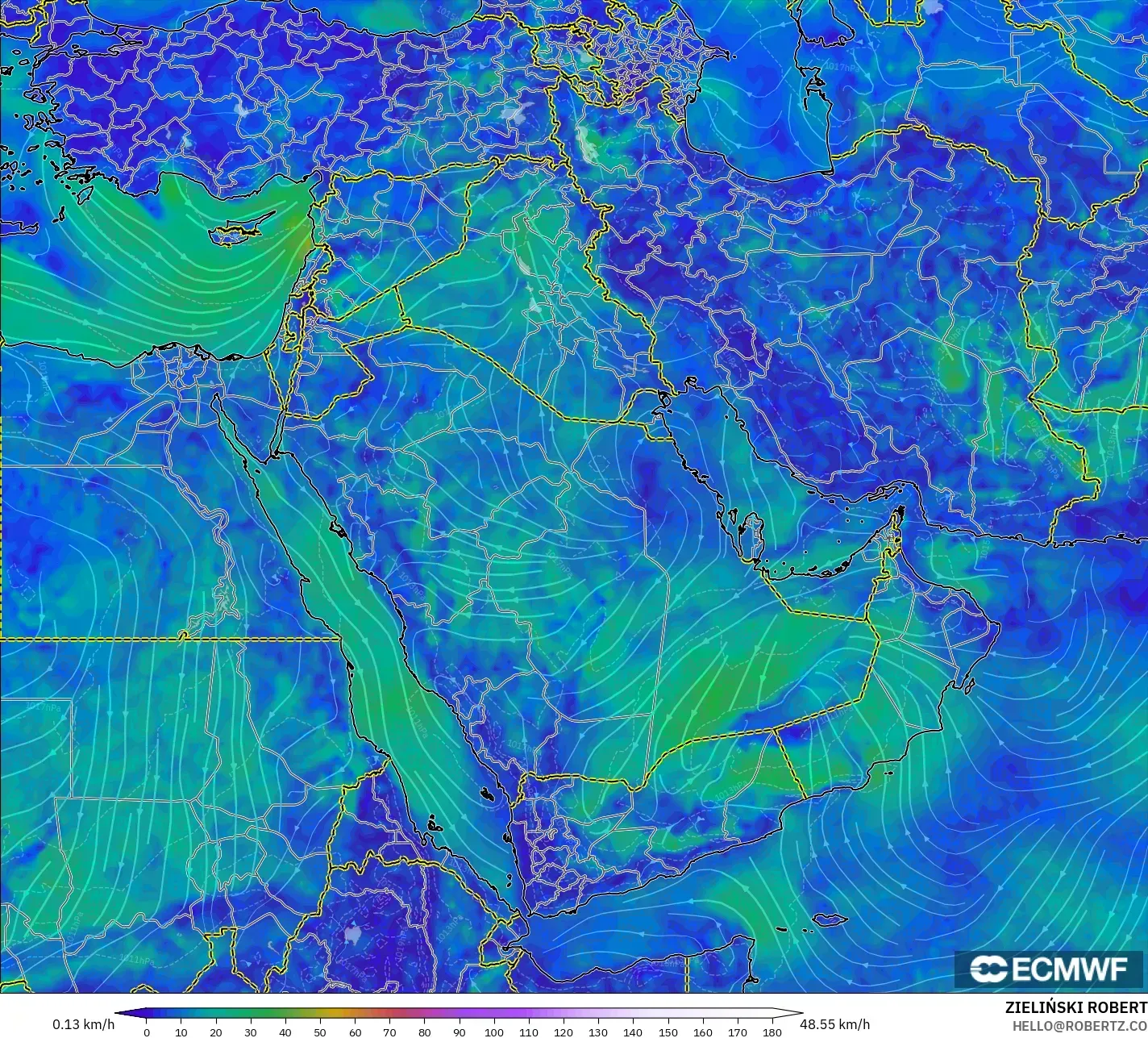 ECMWF IFS 0.25° modelo - Oriente Medio, Viento a 10 m