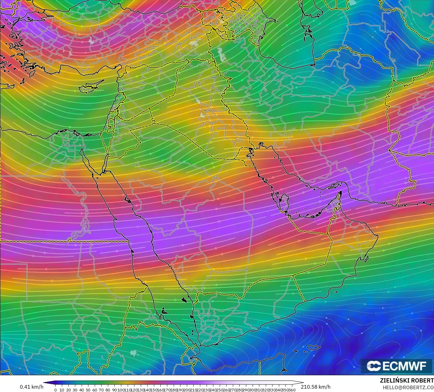 ECMWF IFS 0.25° modelo - Oriente Medio, Viento a 300 hPa (corriente en chorro)