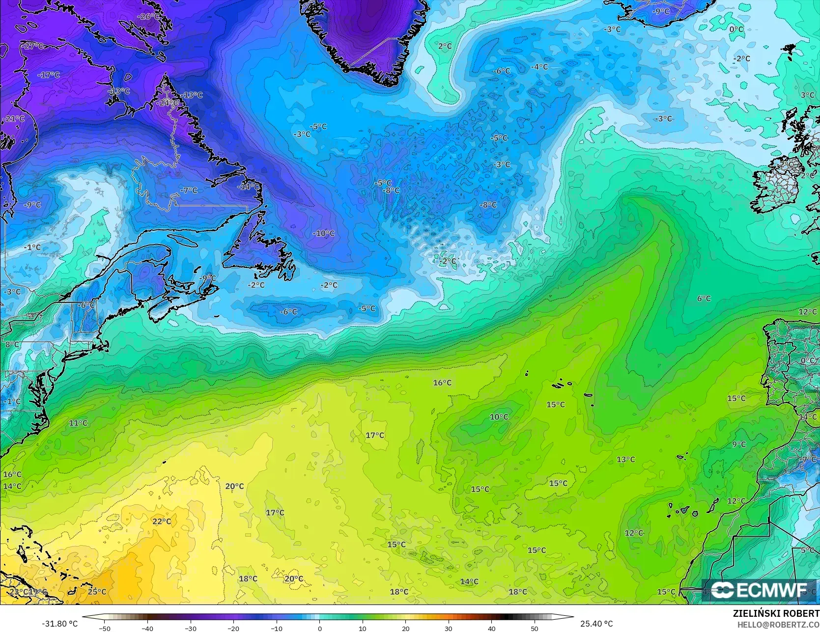 ECMWF IFS 0.25° modelo - Norte Atlántico, Punto de rocío a 2 m