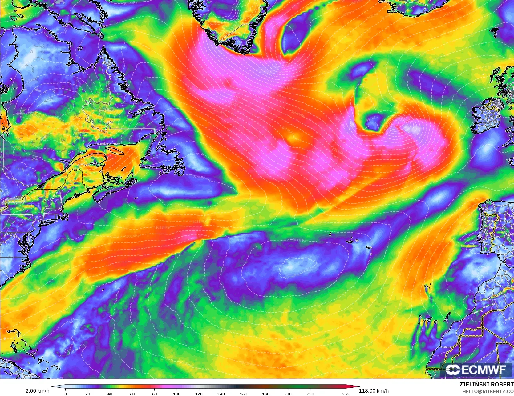 ECMWF IFS 0.25° modelo - Norte Atlántico, Ráfagas de Viento Máximas