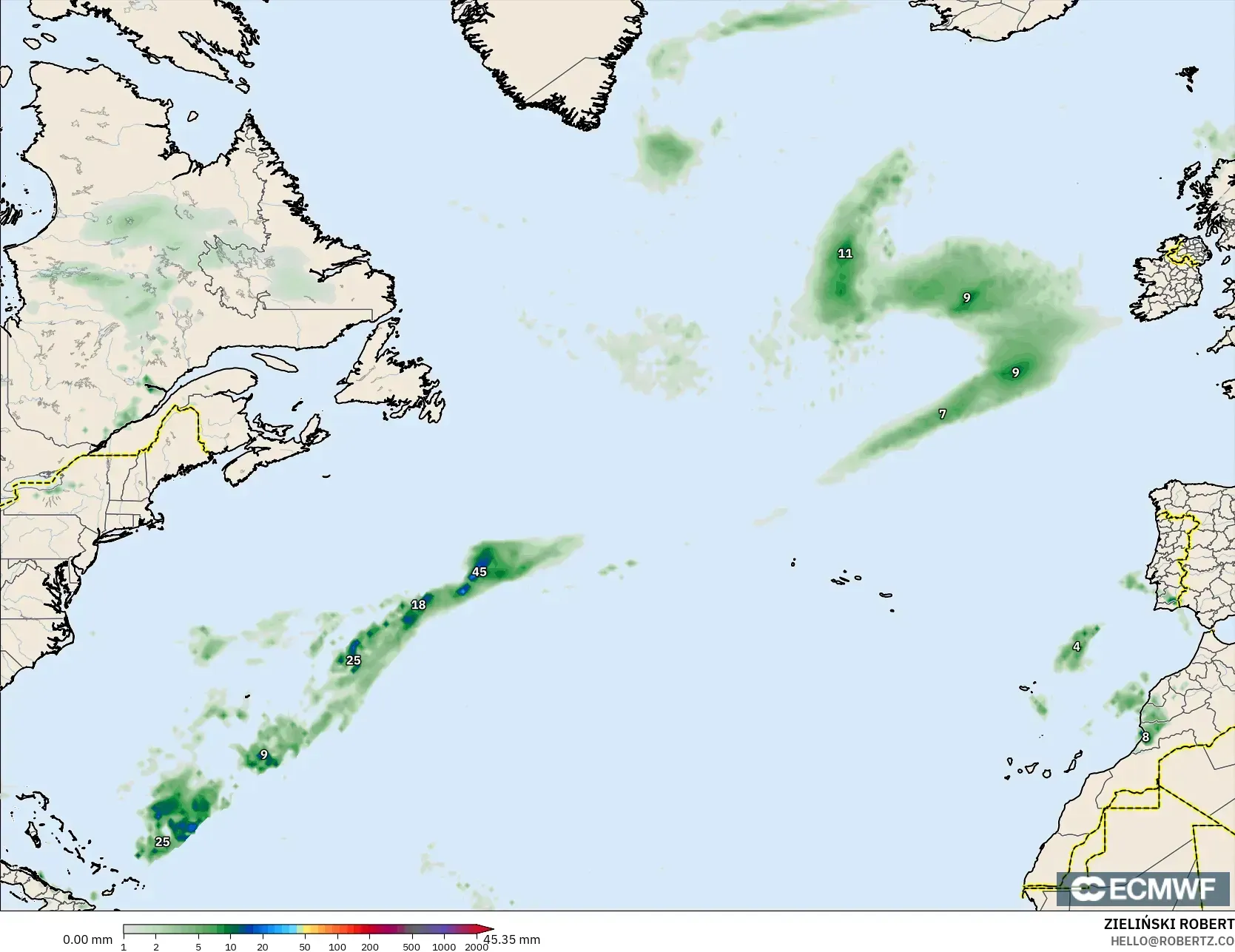 ECMWF IFS 0.25° modelo - Norte Atlántico, Acumulación de precipitación