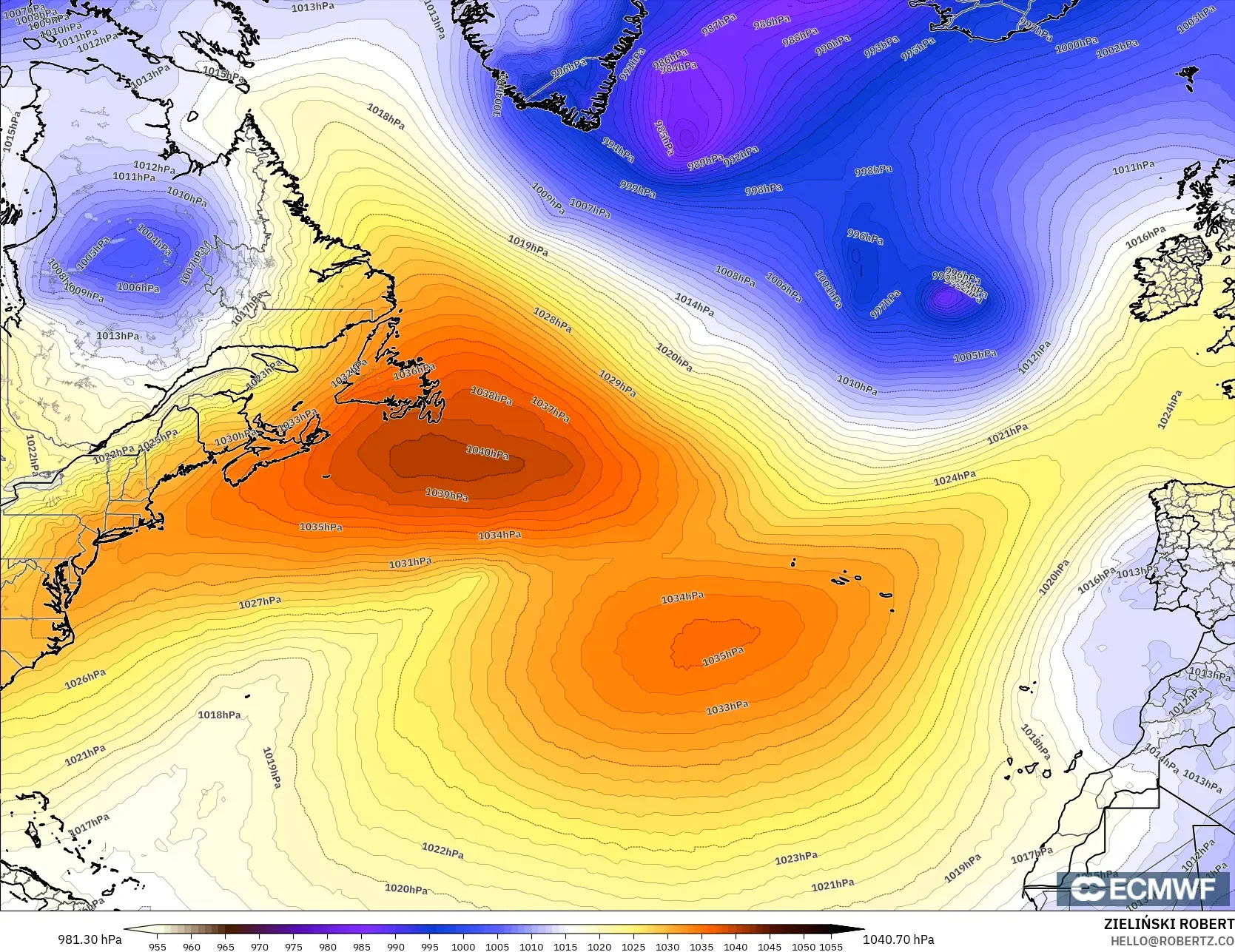 ECMWF IFS 0.25° modelo - Norte Atlántico, Presión