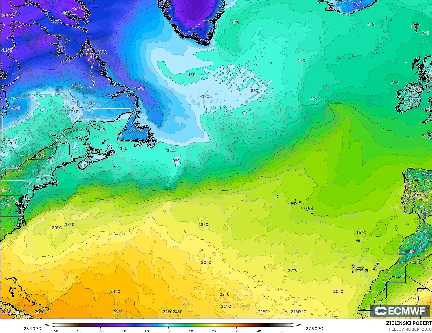 ECMWF IFS 0.25° modelo - Norte Atlántico, Temperatura a 2 m