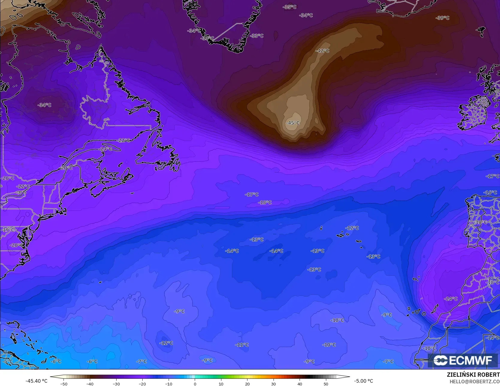 ECMWF IFS 0.25° modelo - Norte Atlántico, Temperatura a 500 hPa