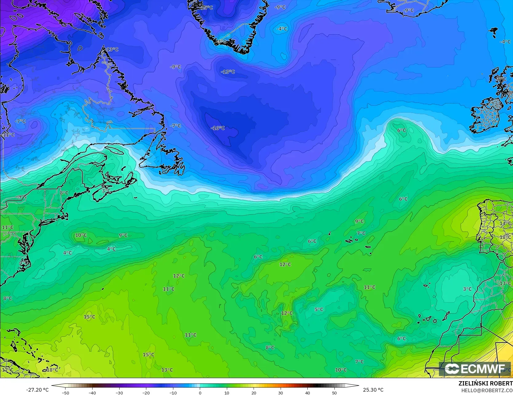 ECMWF IFS 0.25° modelo - Norte Atlántico, Temperatura a 850 hPa