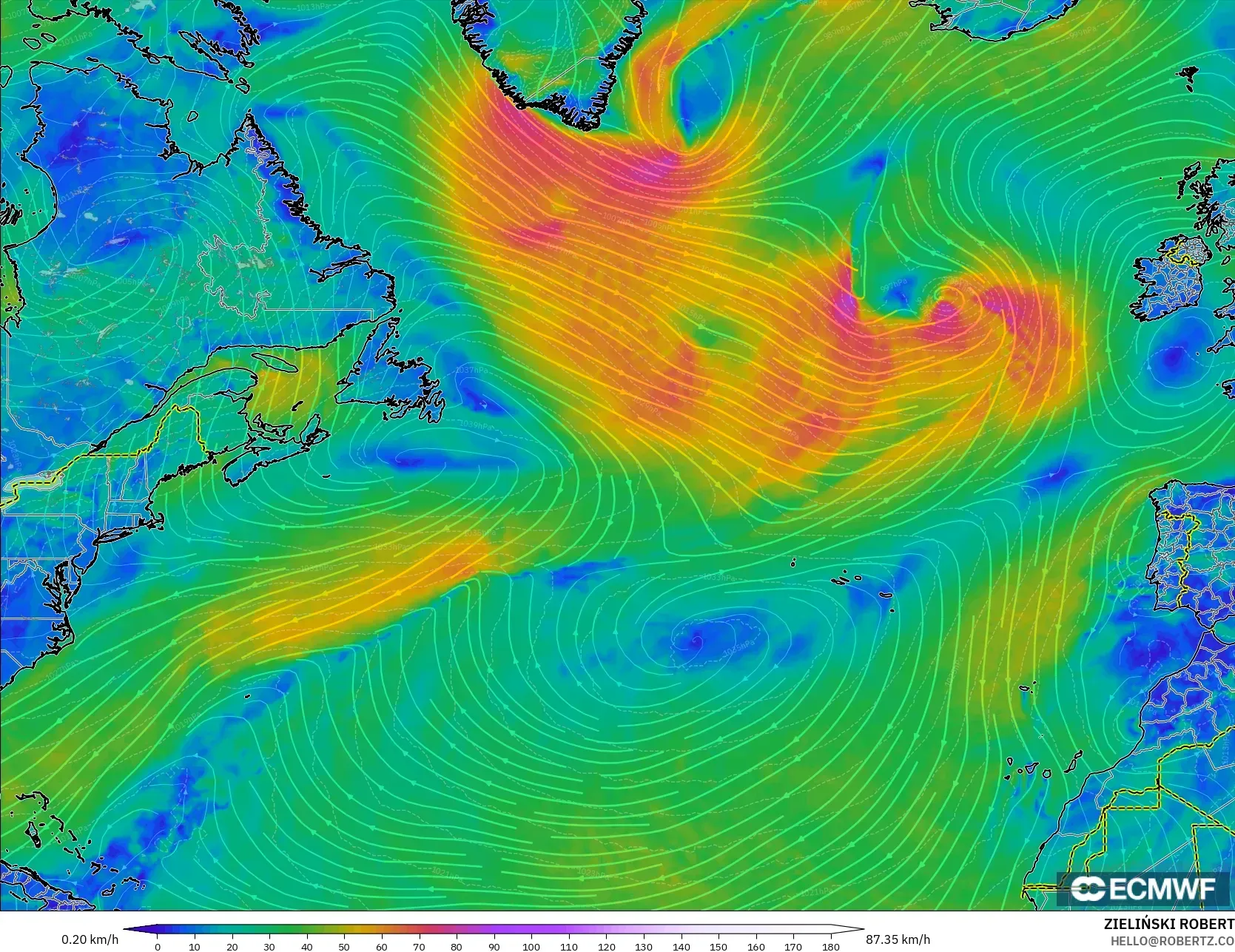 ECMWF IFS 0.25° modelo - Norte Atlántico, Viento a 10 m