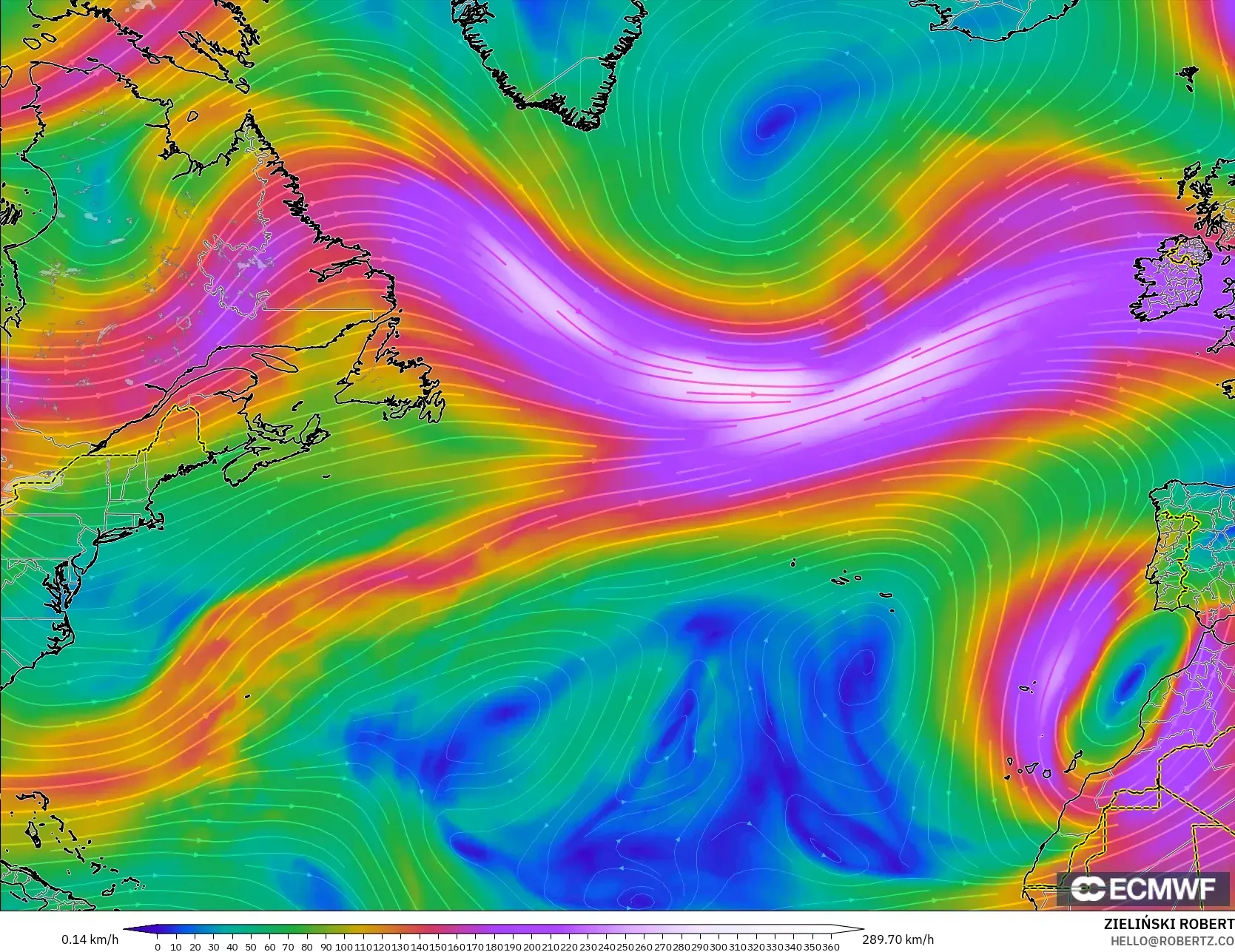 ECMWF IFS 0.25° modelo - Norte Atlántico, Viento a 300 hPa (corriente en chorro)