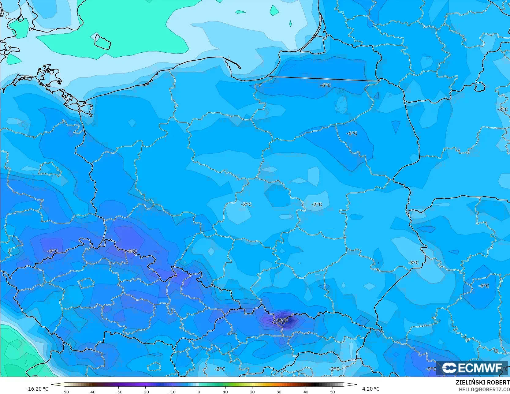 ECMWF IFS 0.25° modelo - Polonia, Punto de rocío a 2 m