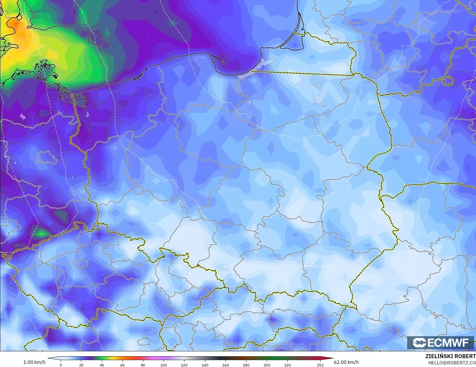ECMWF IFS 0.25° modelo - Polonia, Ráfagas de Viento Máximas