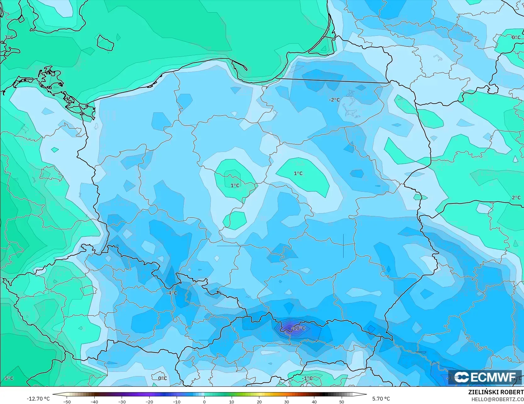ECMWF IFS 0.25° modelo - Polonia, Temperatura a 2 m