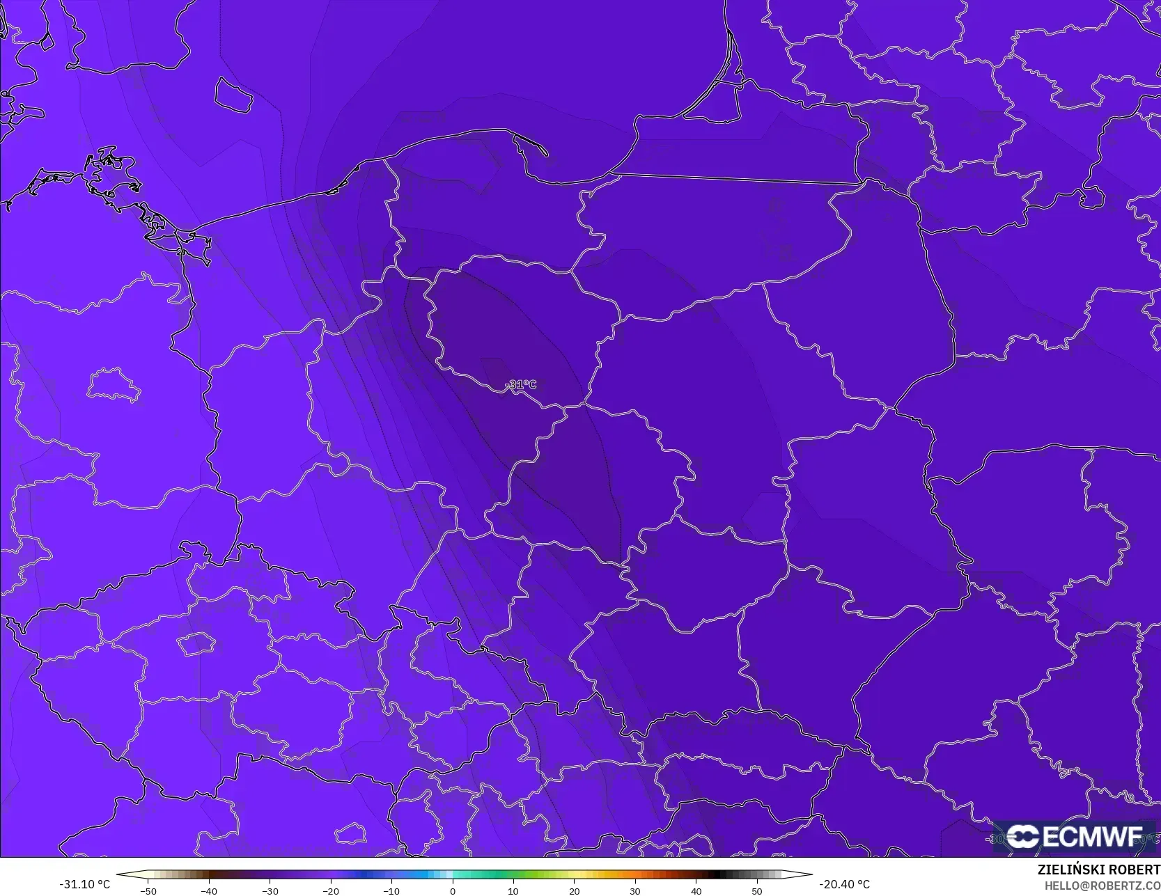ECMWF IFS 0.25° modelo - Polonia, Temperatura a 500 hPa