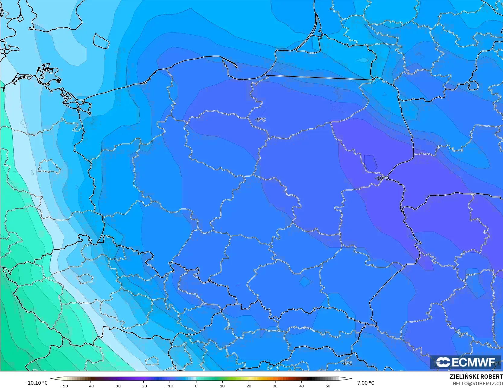 ECMWF IFS 0.25° modelo - Polonia, Temperatura a 850 hPa