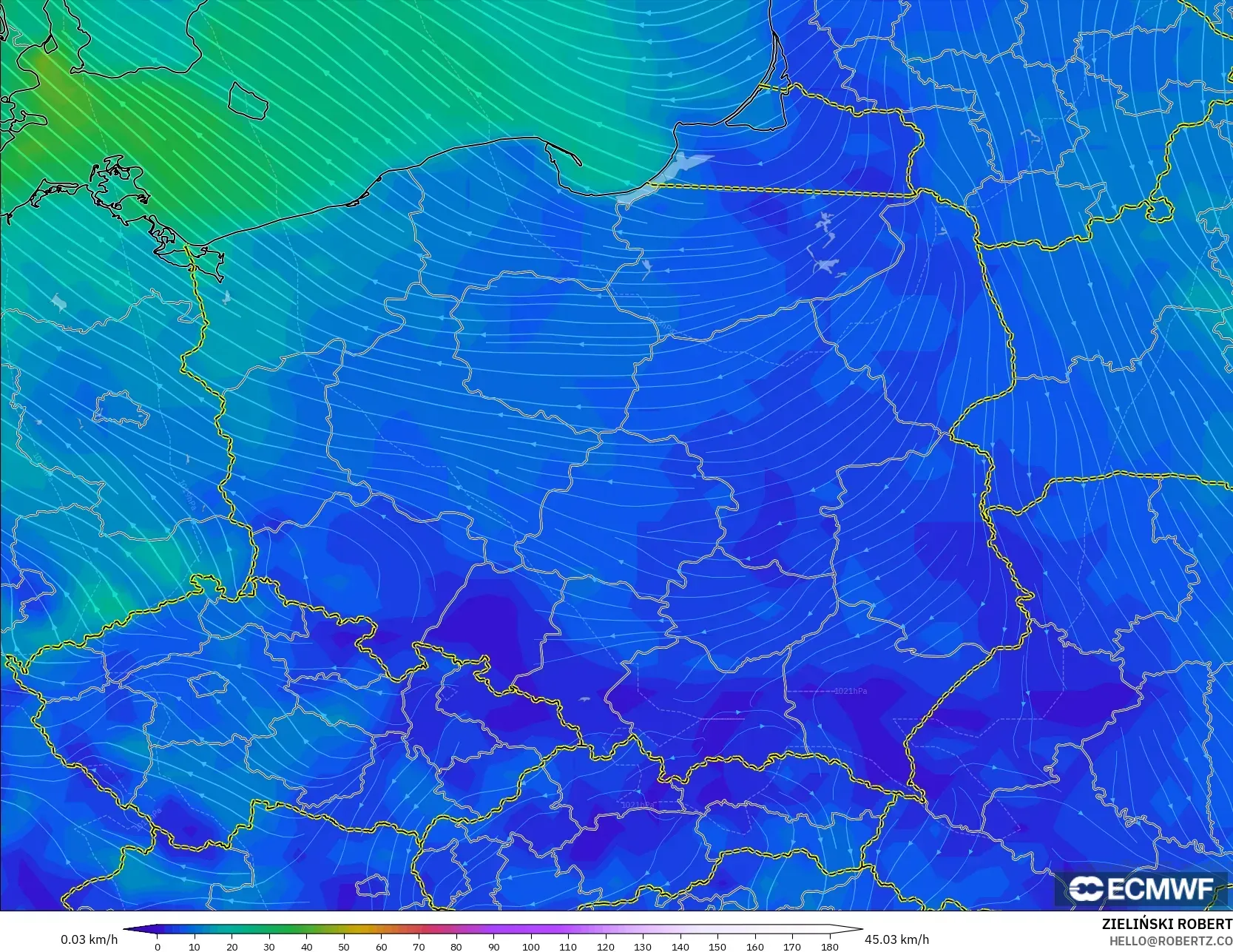 ECMWF IFS 0.25° modelo - Polonia, Viento a 10 m
