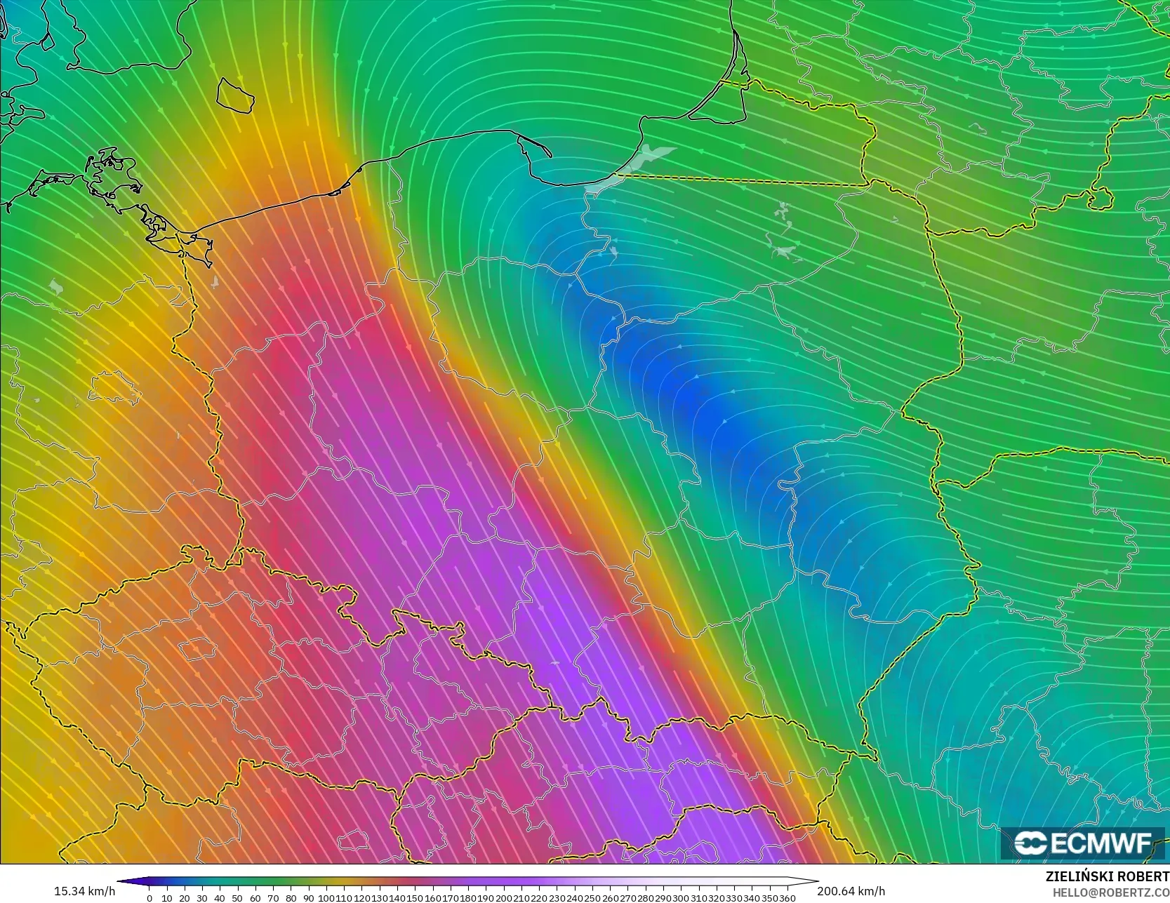 ECMWF IFS 0.25° modelo - Polonia, Viento a 300 hPa (corriente en chorro)